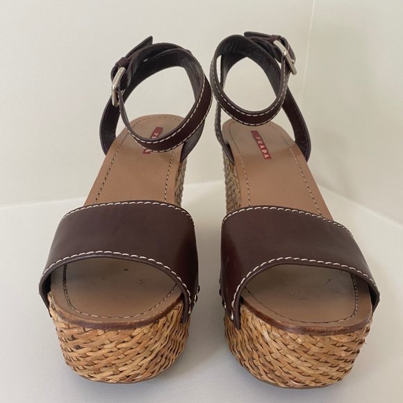 PRADA BRWN LEATHER SANDAL/WEDGE SZ 40.5 - US 9.5 - Picture 4 of 5